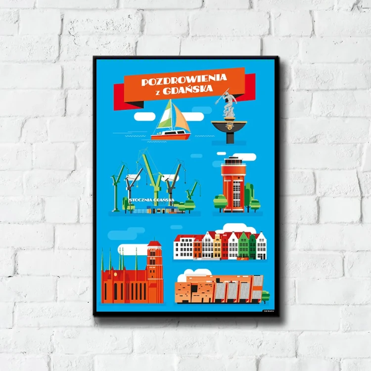 Plakat Pozdrowienia z Gdańska tło ściana białe cegły