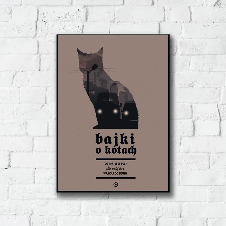 Plakat Bajki o kotach tło ściana białe cegły